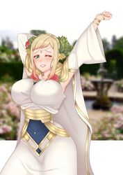 1girls alternate_costume alternate_version_available armpits arms_up big_breasts blonde_hair blush cryptid_crab fire_emblem fire_emblem_heroes fully_clothed green_eyes grin henriette_(fire_emblem) henriette_(overflowing_love)_(fire_emblem) huge_breasts large_breasts medium_hair milf multicolored_hair nintendo one_eye_closed smile solo solo_female stretching thick_thighs wink