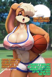 basketball basketball_court basketball_uniform big_areola big_ass big_breasts big_butt big_nipples blonde_female blonde_hair blue_eyes breasts_bigger_than_head bunny bunny_ears bunny_girl cleavage crop_top dialogue english_text erect_nipples female female_only furry huge_breasts lola_bunny looney_tunes muscular_thighs nipple_bulge picturd seductive seductive_look seductive_smile space_jam sweat sweating text thick_thighs vagina voluptuous warner_brothers