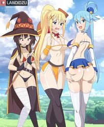 3girls aqua_(konosuba) ass ass_grab bare_shoulders belly belly_button big_ass big_breasts big_butt blonde_hair blue_eyes blue_hair blush breasts butt_grab cleavage darkness_(konosuba) dat_ass female female_only kono_subarashii_sekai_ni_shukufuku_wo! landidzu legwear light-skinned_female light_skin long_hair megumin miniskirt navel sideboob skirt thighhighs underboob undersized_clothes