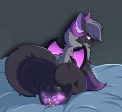 absurd_res anthro ass balls bed big_tail black_body black_fur claws digital_media_(artwork) dragon feet fluffy fluffy_tail fur furniture genitals hair hi_res horn kaikaikyro kneeling kneeling_on_bed looking_at_viewer male mammal mane nude pawpads paws presenting presenting_hindquarters purple_eyes scalie simple_background smile solo solo_focus wings