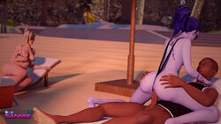 1boy 2girls 3d anal anal_sex beach being_watched bikini bikini_aside blender breast_hold cowgirl_position dark-skinned_male dark_skin interracial mercy overwatch sanmie3d sex shelf_bra sling_bikini straight swimsuit tagme widowmaker woman_on_top