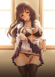 big_breasts blush brown_hair glasses kusui_aruta lingerie pussy_juice teacher thighhighs