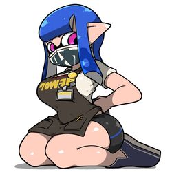 apron big_breasts black_apron blue_hair blue_shoes huge_ass inkling inkling_girl kneeling looking_back magenta_eyes name_tag nintendo omoitukan2 pointy_ears short_shorts shortstack smooth_skin splatoon splatoon_2 tentacle_hair thick_thighs tying white_shirt