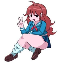 1girls alternate_costume ass big_legs blue_dress blue_skirt blush blushing brown_boots brown_hair crossed_legs female friday_night_funkin girlfriend_(friday_night_funkin) peace_sign ribbon sailor_collar school_uniform shy sitting skirt socks sole_female v ytrall