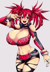 1girls ashley_(camui_kamui) belly belly_button big_breasts camui_kamui_(hz_666v) cleavage curvy exposed_belly exposed_stomach female female_only huge_breasts large_breasts light-skinned_female light_skin original peace_sign pigtails punk punk_girl red_eyes red_hair solo stomach thick thick_thighs tomboy unzipped