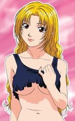 00s 1girls bare_arms bare_shoulders black_clothing blonde_hair breasts brown_eyes clothes_pull clothing crop_top female female_only highres large_breasts long_hair looking_at_viewer nail_polish navel no_bra official_art pink_background pink_nails smile sogna solo takako_(viper) tank_top underboob viper_(series) viper_v16 yanagisawa_masahide