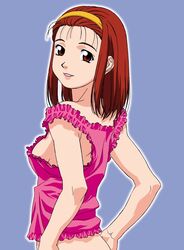 00s 1girls bare_arms bare_shoulders blue_background breasts brown_eyes brown_hair clothing female female_only hairband hands_on_hips highres looking_at_viewer matching_hair/eyes nami_(viper) no_bra official_art pink_clothing sideboob simple_background small_breasts smile sogna solo tank_top teeth viper_(series) viper_v16 yanagisawa_masahide yellow_hairband