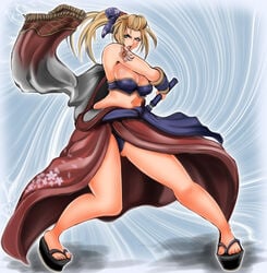 1041_(toshikazu) 1girls action_pose big_breasts blonde_hair breasts cleavage feet female frown full_body green_eyes japanese_clothes katana large_breasts legs long_legs okobo panties pantyshot ponytail sandals setsuka sheath sideboob solo soul_calibur soul_calibur_iv sword tattoo thick_thighs thighs tied_hair toes underwear unsheathing weapon