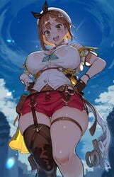 1girls atelier_ryza big_breasts blush brown_eyes brown_hair curvy greatmosu hair_ribbon hand_on_hip hat huge_breasts looking_at_viewer looking_down reisalin_stout short_hair shorts sweat sweaty thick_thighs thighhighs