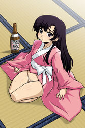 blush bottle convenient_censoring highres japanese_clothes kimono kuhouin_murasaki kurenai long_hair no_panties open_kimono pussy ryumage sake tatami wakamezake