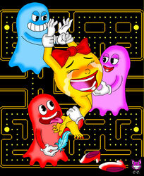 artist_signature blinky crying ghost hair_bow hands_above_head inky inky_(pac-man) laughing lipstick ms._pac-man namco pac-man_(series) pinky_(pac-man) red_ribbon screencap_background shoes shoes_removed tickle_torture tickling