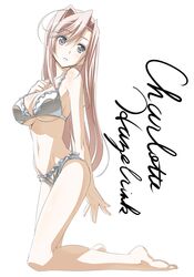 1girls bikini breasts charlotte_hazellink charlotte_hazelrink cleavage feet female grey_eyes hands himura_kiseki kneeling large_breasts long_hair pink_hair princess_lover solo swimsuit underboob