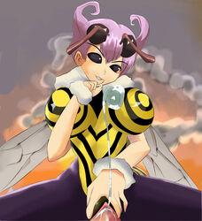 bee_girl bug_girl capcom clitoris clothed_sex clothing cum darkstalkers kiari large_breasts penis purple_hair q-bee sitting_on_person tagme wings