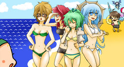 1boy aussa_the_earth_charmer beach blue_eyes blue_hair brown_hair charmers dharc_the_dark_charmer eria_the_water_charmer green_hair hiita_the_fire_charmer multiple_girls ocean red_hair wynn_the_wind_charmer yu-gi-oh!