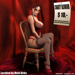 3d after_sex bustier chair choker cleavage cum cum_drip cum_in_mouth female female_only glasses high_heels human lara_croft lara_croft_(classic) large_breasts lingerie long_hair meik_dirks open_toe_shoes oral_creampie panties red_lingerie sideboob solo stockings tagme thighhighs tomb_raider