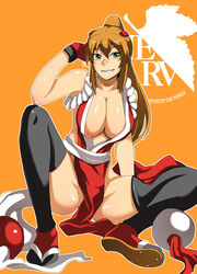 1girls asuka_langley_sohryu bare_shoulders breast_slip breasts cleavage clothing cosplay female female_only green_eyes grin hanging_breasts human king_of_fighters kosame_daizu large_breasts legs mai_shiranui mai_shiranui_(cosplay) neon_genesis_evangelion nerv nipple_slip nipples one_breast_out ponytail sitting smile solo spread_legs stockings thighhighs tied_hair