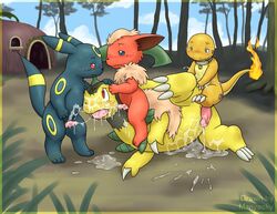 bayleef charmander color dominant_feral eeveelution fire flareon fur furry_ears furry_tail interspecies male male_only multiple_males nintendo pokémon_(species) pokemon pokemon_(species) pokemon_gsc pokemon_rgby tail tail_fire umbreon yaoi