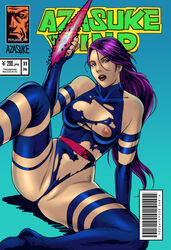 1girls asian azasuke barcode blue_eyes breasts bridal_gauntlets energy_blade female highres kneehighs leg_lift leotard lipstick long_hair marvel nipples no_bra psylocke purple_hair sitting skin_tight solo spandex spread_legs straight_hair torn_clothes uncensored weapon x-men