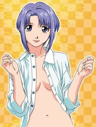 00s 1girls bare_arms blue_eyes blue_hair breasts checkered checkered_background cleavage clothing female female_only haruka_(viper) highres looking_at_viewer matching_hair/eyes medium_breasts navel no_bra official_art open_clothes open_shirt shirt short_hair smile sogna solo unbuttoned viper_(series) viper_v16 w_arms yanagisawa_masahide yellow_background