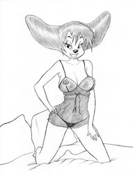 1girls anthro anthro_only bed canine clothes disney dog female female_only front_view goof_troop kneeling monochrome nipples peg_pete pillow prophet solo tagme