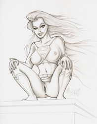 1girls 2009 big_breasts bivouac breasts dc_comics erection_under_clothes female female_only hand_on_knee long_hair monochrome nipples no_bra no_panties painted_nails pubic_hair solo squatting supergirl superman_(series) traditional_media_(artwork) upskirt