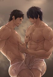 1boy 2boys abs adventurer_(ff14) ardbert_(ff14) bangs bara black_hair breath brown_hair bulge bulges_touching cachic couple erect_penis erection erection_under_clothes facial_hair final_fantasy final_fantasy_xiv frottage gay grabbing grabbing_pecs hand_on_chest hand_on_pecs happy_sex human human_only large_pectorals male male/male male_chest male_nipples male_only mature_male multiple_boys muscle muscles muscular muscular_male navel_hair nipple_play nipple_pull nipples pants_removed pec_grab pecs pectoral_grab pectorals pulling see-through short_hair smile stomach stubble sweat sweating sweaty thick_thighs thighs topless underwear underwear_only wet wet_clothes wet_underwear white_underwear yaoi