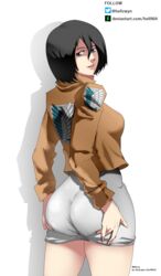 1girls ass attack_on_titan bangs big_ass black_hair blush breasts clothing dat_ass female female_only from_behind fully_clothed hell904 lipstick locking_back mikasa_ackerman shingeki_no_kyojin solo spread_ass