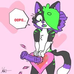 animal_genitalia animal_penis anthro blush da_xxx_cat domestic_cat equine_penis erection fan_character felid feline felis fur genitals green_body green_fur holidays male mammal object_penetration penis purple_body solo surprised_expression valentine's_day