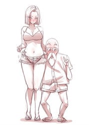 1boy 1boy1girl 1girls android_18 blush dragon_ball dragon_ball_z embarrassed erection hotpants karmaniac master_roshi nervous old_man older_male skimpy skimpy_clothes tagme uncomfortable younger_female