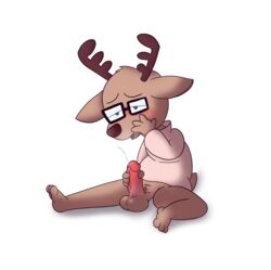 absurd_res anthro antlers blush bodily_fluids cervid cum cumshot ejaculation eyewear fuzefurry genital_fluids genitals glasses hand_on_face hi_res horn humanoid_genitalia humanoid_penis kakukakushikajika male mammal masturbation orgasm penis solo tagme