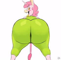 1male animated anthro ass big_butt blush boon_(vimhomeless) bottomwear bouncing_butt butt butt_jiggle clenched_ass clothing equid equine femboy femboy_only girly hair horn huge_butt lipstick looking_at_viewer looking_back looking_back_at_viewer makeup male mammal pants partially_clothed pink_body pink_hair rear_view signature simple_background solo thick_thighs twerking unicorn vimhomeless white_background wide_hips yellow_eyes yellow_lipstick