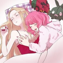 2girls accidental_circumstance accidental_grope ahoge bare_arms bed blanket blonde_hair breast_grab closed_eyes clothing drill_hair drooling game_freak hand_up head_on_pillow human in_bed klara_(pokemon) laying_down laying_on_bed mole mole_under_mouth nightgown nintendo oleana_(pokemon) osg_pk pink_hair pink_nails pokemon pokemon_ss pokemon_ss_isle_of_armor red_nails sleep_breast_grab sleeping slight_blush trubbish venipede yuri