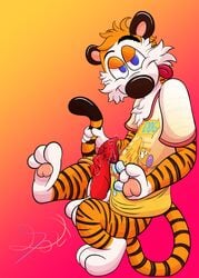 absurd_res animal_genitalia animal_penis anthro blue_eyes bottomless calvin_and_hobbes catdog_(series) clothed clothing crossover felid feline_penis genitals hi_res hobbes invalid_tag lobofeo male male/male male_only mammal nickelodeon pantherine penis shirt solo tiger topwear