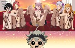 1boy 5girls asta_(black_clover) black_clover black_hair blue_eyes blush chocolate chocolate_covered chocolate_on_breasts excited green_eyes harem horns looking_to_the_side male mimosa_vermillion multiple_girls noelle_silva orange_hair pink_eyes presenting_feet presenting_hindquarters presenting_pussy princess rebecca_scarlet red_eyes red_hair royalty sally_(black_clover) secre_swallowtail short_hair silver_hair the_amazing_gambit