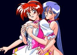 2girls 90s akira_(viper) animated anna_miller bare_arms blue_background blue_eyes blue_hair blush bow breast_fondling breast_grab breasts choker cleavage clenched_teeth clothed clothed_female_nude_female clothing corset empty_eyes eyebrows_visible_through_hair female female_only fondling frills from_behind fully_clothed game_cg grabbing_from_behind hair_ribbon large_breasts long_hair long_ponytail looking_at_another looking_back low_ponytail lowres matching_hair/eyes mind_control multiple_girls navel nipple_slip nipples open_mouth pink_clothing ponytail rape red_eyes red_hair ribbon ribbon_choker saki_(viper) simple_background skirt smile sogna standing sweat sweatdrop teeth uniform very_long_hair viper_(series) viper_v16 waitress waitress_uniform white_clothing yuri