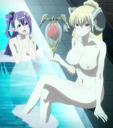 2017 2demons 2girls anime_screencap blonde_hair breasts completely_nude completely_nude_female demon_girl demon_horns female_only horns large_breasts leviathan_(nanatsu_no_taizai) long_hair lucifer_(nanatsu_no_taizai) monster_girl multiple_girls naked navel nipples nude pointy_ears ponytail pool poolside purple_hair red_eyes screencap side_ponytail sin_nanatsu_no_taizai skinny_dipping swimming_pool tnk_(company) water