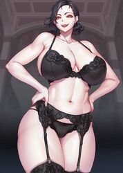 1girls alcina_dimitrescu big_breasts black_bra black_hair black_lingerie black_panties black_underwear bra cameltoe capcom female_focus female_only garter_belt garter_straps gonster grey_body grey_skin hourglass_figure huge_breasts large_breasts lingerie panties resident_evil resident_evil_8:_village short_hair sideboob smile smiling solo thick thick_ass thick_thighs underwear wide_hips wide_thighs yellow_eyes