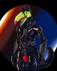 absurd_res anthro avian bananathief bedroom_eyes bird bondage clothing gryphon harness hi_res keel-billed_toucan leather leather_harness male mythological_avian mythology narrowed_eyes piercing potion_bottle ramphastos rubber rubber_suit seductive solo spikes toucan toucat vial