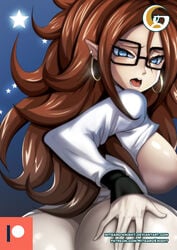 android_21 android_21_(human) ass ass_grab big_ass blue_background blue_eyes breasts brown_hair bubble_butt dragon_ball dragon_ball_fighterz earrings female female_only glasses horny lab_coat looking_at_viewer mitgard-knight no_bra no_panties open_mouth solo_female