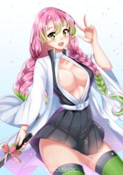 bangs big_breasts braided_hair cleavage cleavage_cutout covered_nipples demon_slayer female female_only green_eyes haori kanroji_mitsuri katou_shinobu katoushinobu katoushinobu045 kimetsu_no_yaiba long_hair looking_at_viewer mole_under_eye no_bra open_mouth open_shirt pink_hair pleated_skirt revealing_clothes smile solo sword thick_thighs thighhighs two_tone_hair v