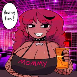 alcohol bar bra collar english_text hairpin huge_breasts moxxy pink_hair see-through_sleeves sharp_teeth sugarkitty19 tagme