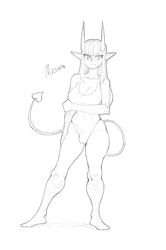 1futa bathing_suit bulge cleavage clothed clothing demon futa_only futanari horns humanoid long_hair makinakid mesara monochrome partially_clothed pointy_ears sketch solo standing swimsuit tail text