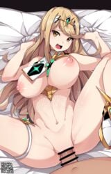 1boy 1girls bed blonde_hair breasts censored ddangbi grabbing_sheets mostly_nude mythra nintendo on_bed sex sheet_grab straight tearing_up vaginal_penetration watermark xenoblade_(series) xenoblade_chronicles_2