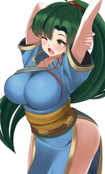 1girls alternate_breast_size arms_up bare_thighs big_breasts breasts color fire_emblem fire_emblem:_the_blazing_blade green_eyes green_hair kocha_(jgug7553) large_breasts long_hair lyn_(fire_emblem) nintendo one_eye_closed open_mouth pelvic_curtain ponytail solo stretching