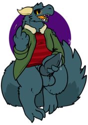 absurd_res anthro balls big_tail blush bodily_fluids bottomless clothed clothing erection fluffy fluffy_tail fur furred_kobold furry genital_fluids genitals hi_res horn inviting jacket knot kobold male male_only penis precum shirt solo tail topwear trout_(artist)