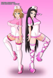 2girls alternate_costume black_hair blackjoe01 brunette busty female female_only happy_female high_heels long_hair long_legs looking_at_another looking_at_viewer multiple_girls nurse pink_legwear platform_heels pokemon pokemon_xy satosatori serena_(pokemon) short_hair smiling_at_another smiling_at_viewer tall_female thin_female valerie_(pokemon)