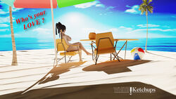 1girls 3d beach beach_ball beach_chair beach_umbrella black_hair chair coconut_drink completely_nude dead_or_alive dead_or_alive_5 dead_or_alive_5_last_round female female_focus female_only full_body naked naked_female nude nude_female nyotengu sand seaside sitting solo solo_female solo_focus violet_eyes whiteketchups