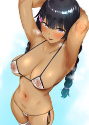 armpit armpits arms_behind_head arms_up bangs bikini black_hair blush braid breasts breath cleavage collarbone eye_contact eyebrows eyebrows_visible_through_hair female from_above hair_ornament hairclip large_breasts light-skinned_female light_skin long_hair looking_at_viewer micro_bikini navel nijisanji open_mouth pija_(pianiishimo) purple_eyes side-tie_bikini skindentation smile solo standing sweat swimsuit tan tan_body tan_skin tanned_skin thighhighs tsukino_mito twin_braids virtual_youtuber white_bikini white_legwear