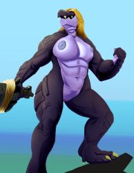 anthro breasts claws crocodile crocodilian crocodylid ctrl-atl-replace7888 dreadlocks eye_scar facial_scar female hi_res luda_chempion melee_weapon muscular muscular_female nipples purple_body purple_scales reptile scales scalie scar solo sword weapon