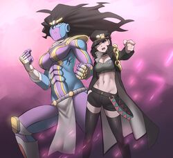 2020 2girls abs armor black_hair blue_eyes breasts cap chains choker cleavage clothed clothing crop_top earrings female female_jotaro female_only fingerless_gloves floating floating_hair gloves grey_gloves hand_in_pocket hat highres human humanoid jacket jewelry jojo's_bizarre_adventure jotaro_kujo jourd4n large_breasts light-skinned_female light_skin loincloth long_hair looking_at_viewer medium_breasts midriff multiple_girls muscles muscular muscular_female navel no_nipples open_clothes open_jacket open_mouth pink_background pointing pointing_at_viewer pose raised_leg rule_63 scarf short_hair shorts shoulder_pads shounen_jump stand_(jjba) star_platinum stardust_crusaders taller_girl teeth thick_thighs thighhighs thighs tiara tongue topless zettai_ryouiki